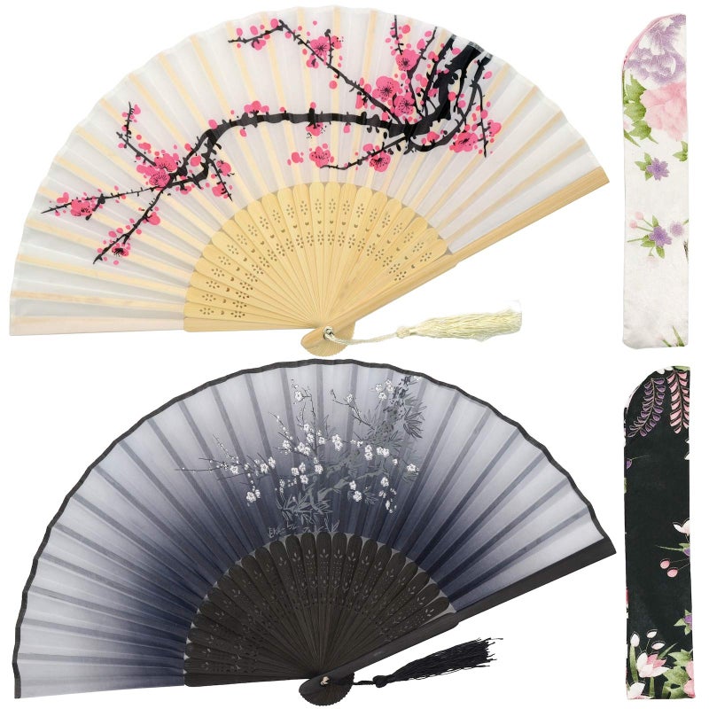 OMyTea Folding Hand Fans for Women - Chinese Japanese Vintage Bamboo Silk Fans - for Hot Flash, EDM, Music Festival, Party, Dance, Performance, Decoration, Wedding, Gift (White Plum & Gray Plum) - Image 1